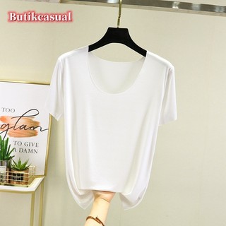 Áo thun nữ modal cotton tay ngắn mùa xuân hè 2024 dáng rộng cổ chữ U Plus Size