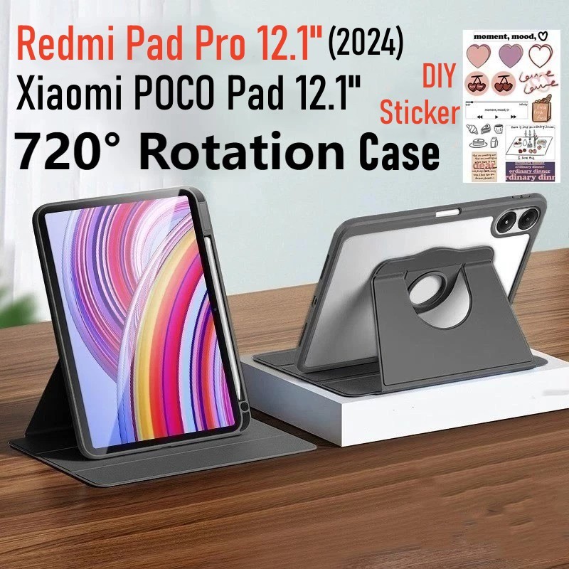 Ốp lưng Redmi Pad Pro 12.1 Inch 2024 Flip Smart Akrilik Xoay Vỏ xoay 360 Vỏ đứng cho Xiaomi POCO Pad 12.1 "có giá đỡ bút chì