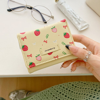 Phụ Nữ Hoạt Hình Nơ Dâu In Ví Mini Ngắn Gấp Ba Hộp Đựng Thẻ Đa Năng Dung Tích Lớn Ví Đựng Tiền Mặt