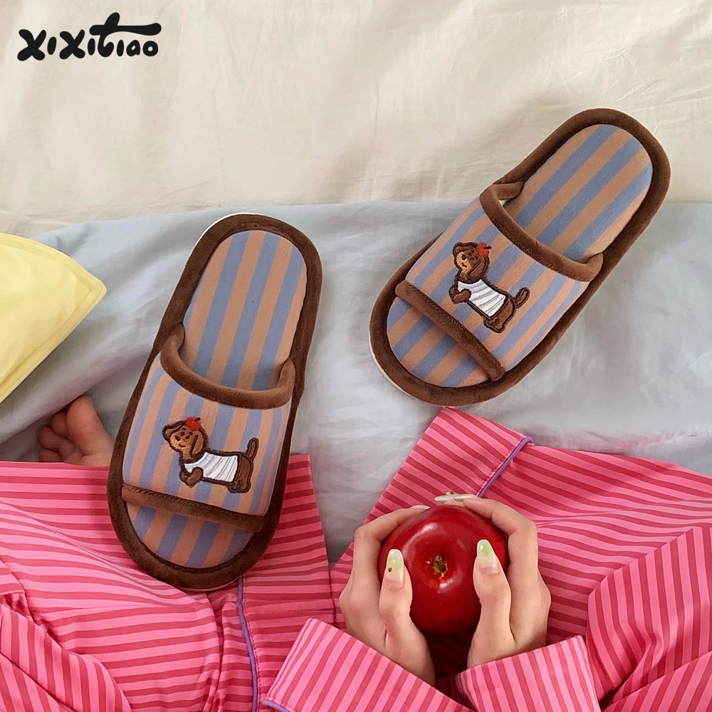 XIXITIAO Cặp Đôi Nhà Vải Lanh Cotton Dép Xuân Hè Nam Nữ Thoải Mái Dễ Thương Puppy Giày Sàn