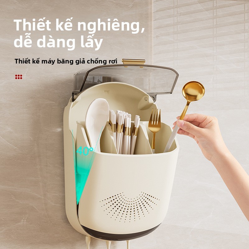 Ống đũa không khoan treo tường | Hộp đựng đũa thìa bằng nhựa thoát nước | Giá treo đũa đa năng tiện lích