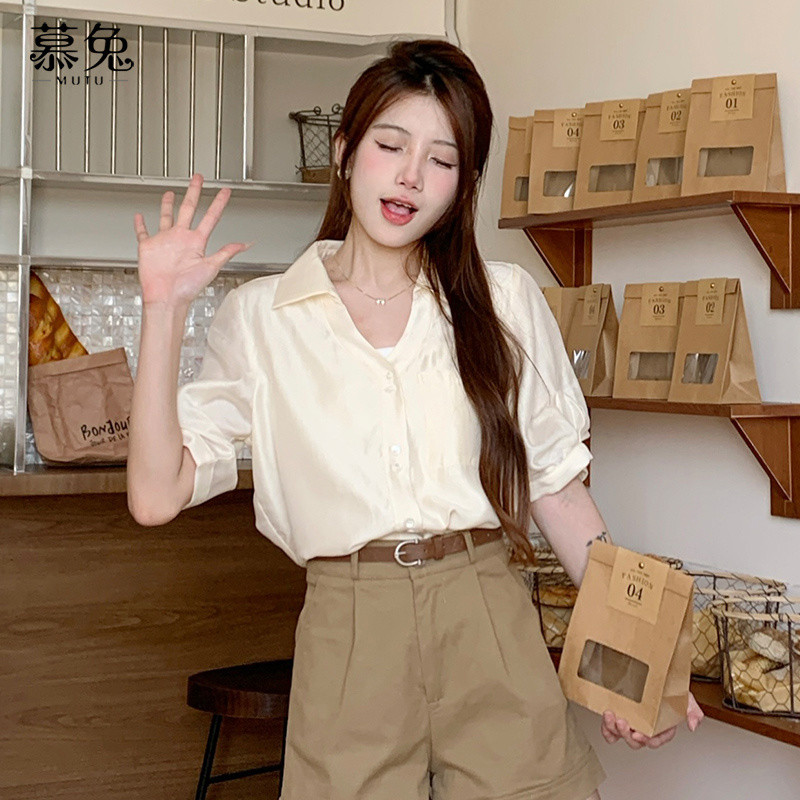 Mutu Áo sơ mi ngắn tay nữ mùa hè 2026, phong cách Pháp, cổ chữ V, dáng slim-fit