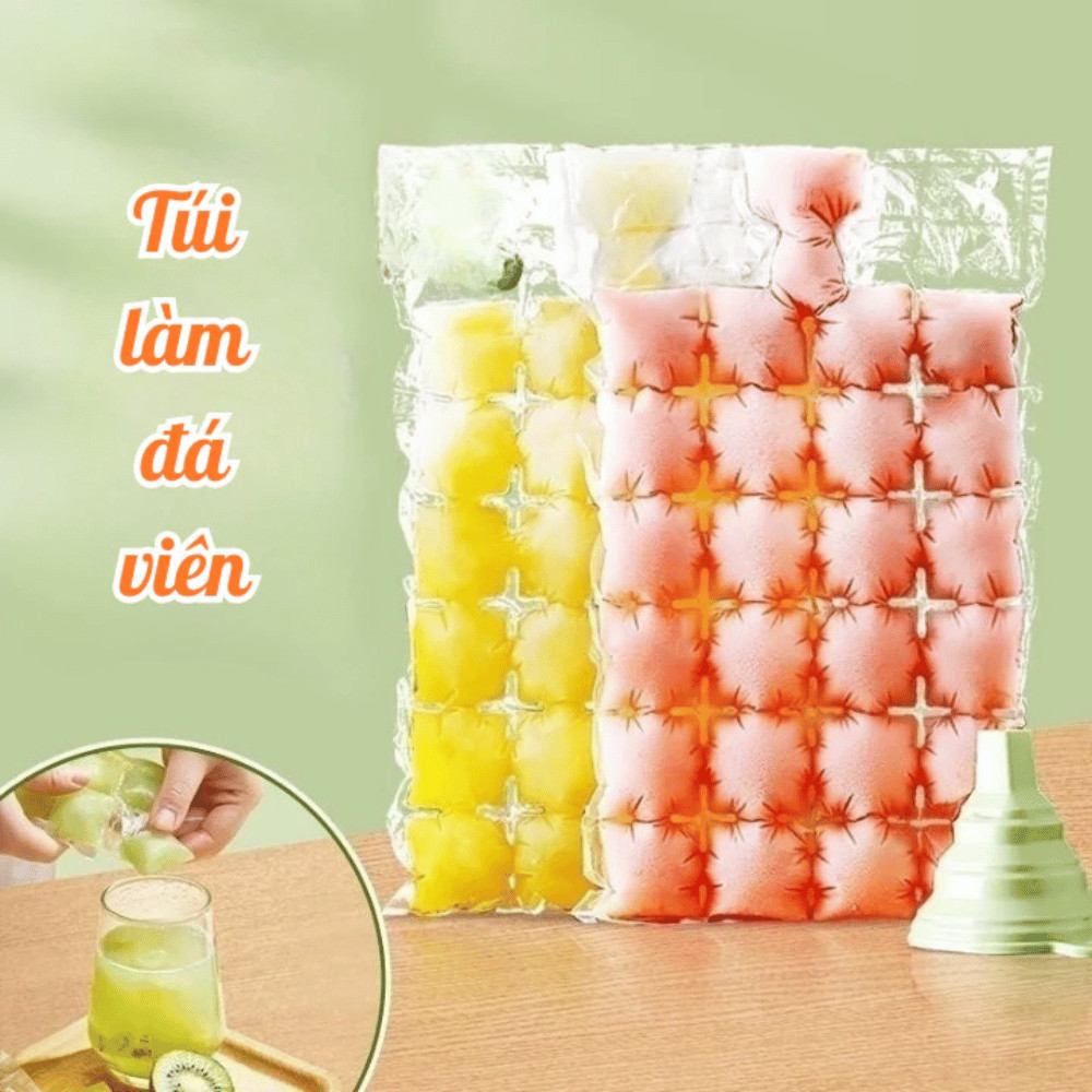 Set 50 Túi Làm Đá Viên 24 Ô Dùng 1 Lần, Túi Làm Kem Siro, Sữa Chua, Nước Trái Cây Kèm Phễu An Toàn Vệ Sinh DT048