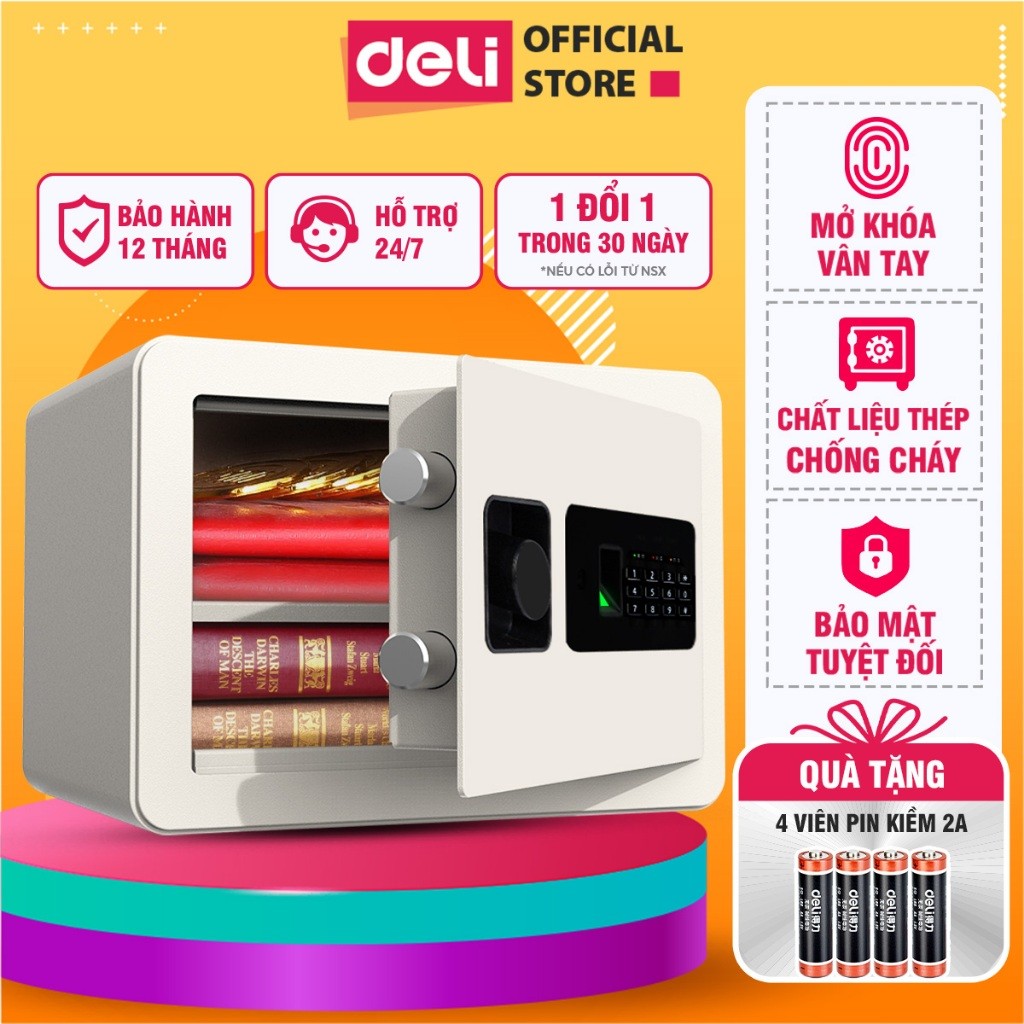 [Tặng Pin] Két Sắt Vân Tay DELI Thiết Kế Kim Loại Carbon Chống Cắt Chống Cháy An Toàn Bảo Vệ Tài Sản