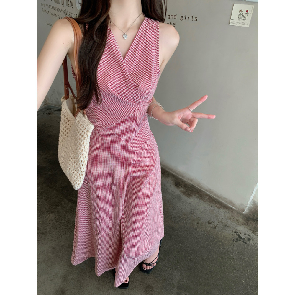SUXI Mẫu váy dài kẻ sọc phong cách retro Pháp cổ chữ V dành cho mùa hè