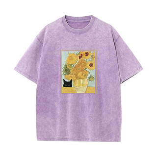 Van Gogh Đen Mèo Áo Thun Ngộ nghĩnh Hoa In Hình Áo Nam Nữ Rửa Vintage Tay Ngắn Áo Thun Thường Ngày Dạo Phố Áo Thun Mùa Hè