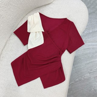 ÁO Thun Bigsize Nữ Tay Ngắn Cổ V Kèm Nơ Cổ Thanh Lịch Vải Ruby Co Giãn G263
