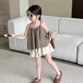 Bộ Đồ Bé Gái Hè - Áo Hai Dây Kẻ Caro Phối Tầng + Quần Váy Trẻ Trung
