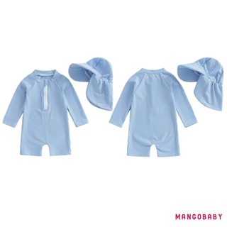 MG-Kids Bé Trai Dài Tay Đồ Bơi Mùa Hè Sọc In Dây Kéo Rash Guard Đồ Bơi Và Mũ Đi Biển Bộ Đồ Tắm
