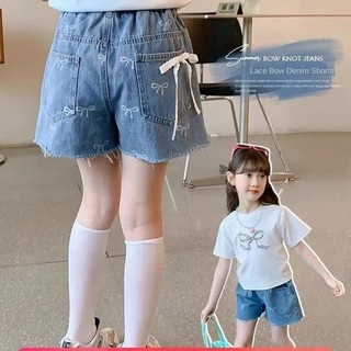 Quần short jean bé gái thêu nơ – Cạp chun dễ mặc, kiểu dáng xòe thoải mái thời trang mùa hè