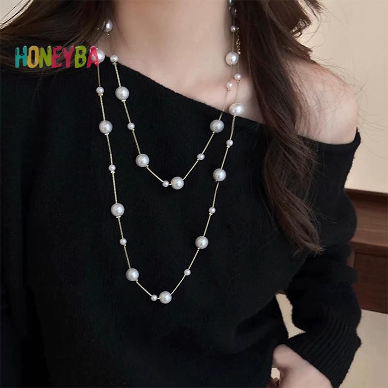 < Honeyba > Vòng cổ áo len ngọc trai mô phỏng hai lớp thanh lịch dành cho nữ Vòng cổ dây chuyền dài
