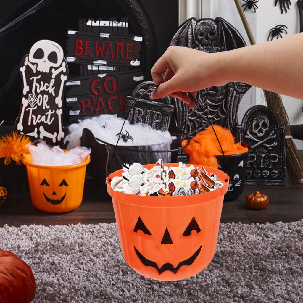 [H & L] Giỏ kẹo mặt bí ngô | Xô Halloween có tay cầm chắc chắn, dung tích lớn 19cm để thu thập lừa hoặc xử lý, trang trí màu vàng