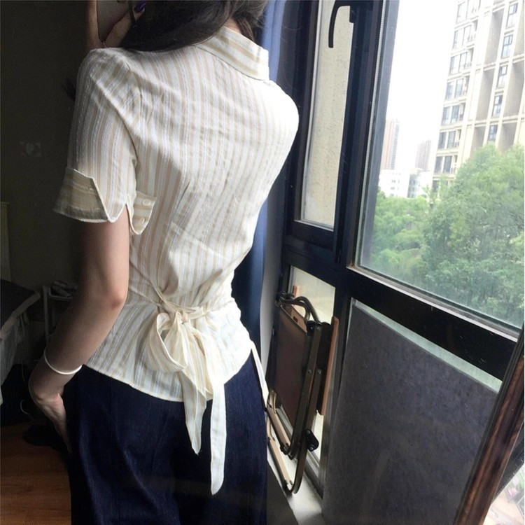 SUXI Áo sơ mi ngắn tay sọc nữ phong cách Hàn Quốc mới mùa hè 250731