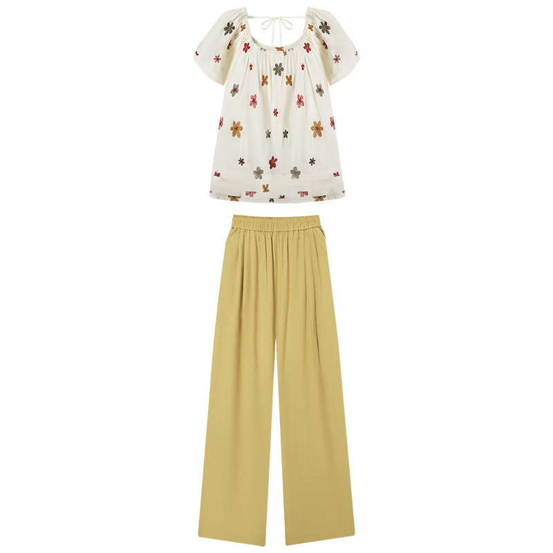 Mutu Áo Sơ Mi Tay Ngắn & Quần Ống Rộng Two-Piece Set Cho Mùa Hè, Cổ Vuông, Phong Cách Cao Cấp Mới