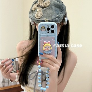 Hàn Quốc Dễ Thương 3D Cryling Girl Màu Xanh Tình Yêu Trái Tim Khe Cắm Thẻ Túi Wrsit Dây Xích Điện Thoại Dành Cho iPhone 16Promax 15Promax 14 Pro Max 13 Silicon Mềm Chống Sốc Vỏ Di Động