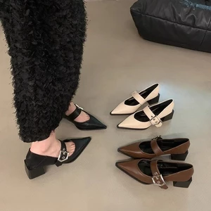 Loafers Phiên Bản Hàn Quốc Loafers Phong Cách Anh Quốc Retro Mũi Nhọn Mary Jane Giày Da Nhỏ Gót Dày Giày Nữ Mùa Xuân Thu Phong Cách Mới