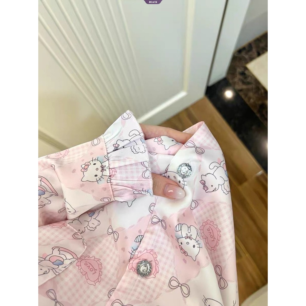 Bộ Đồ Ngủ Nữ Xuân Thu Mới, Họa Tiết Hoạt Hình Hello Kitty, Quần Dài Tay Ren