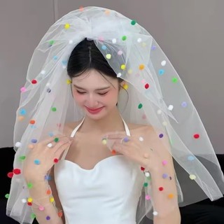 Mẫu mới khăn lau đám cưới có kẹp pompom ngọt ngào và phụ kiện veil lưới tulle bướm màu trắng