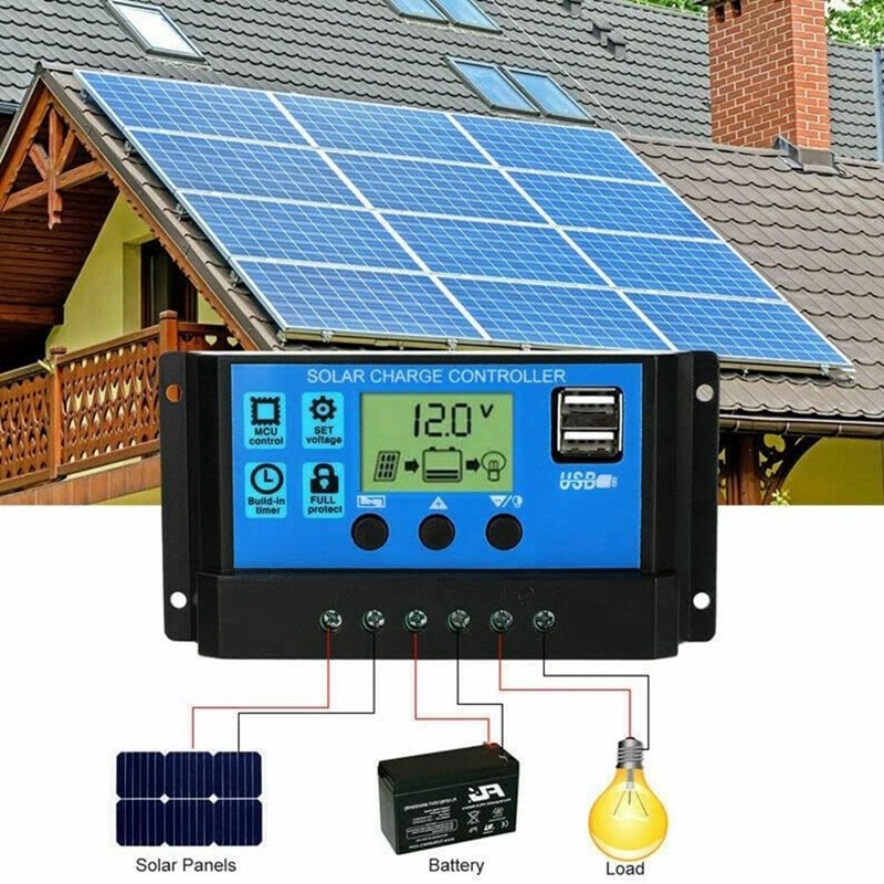 Bộ điều khiển sạc năng lượng mặt trời 100A Pin năng lượng mặt trời Bộ điều chỉnh thông minh Bộ điều khiển đa chức năng năng năng lượng mặt trời với cổng USB kép, Bộ điều khiển LCD