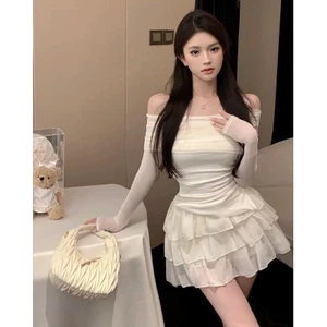 Set bộ 2 món đầm váy áo thiết kế áo trễ vai cách điệu co giãn ôm body + chân váy xòe tầng XIMIMI SP191