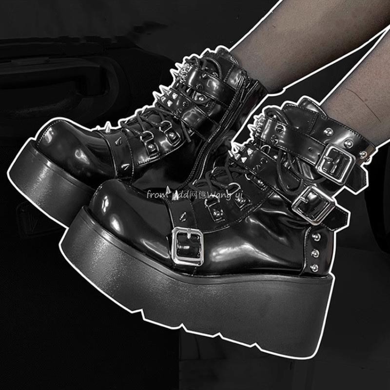 Giày Bốt Martin Nữ Đầu Lâu, Đế Dày Nền Tảng, Phong Cách Punk Văn Hóa Châu Á