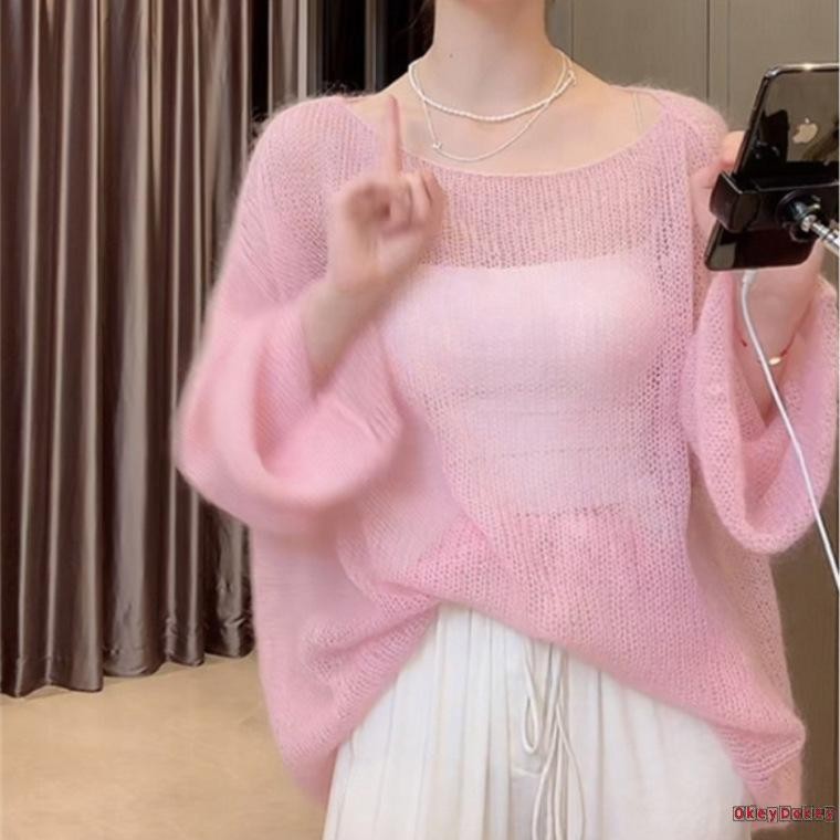 Okdk-nữ Mùa Hè Nhẹ Dệt Kim Áo Màu Trơn Dài Tay Muỗng Cổ Rỗng Ra Sheer Áo Len