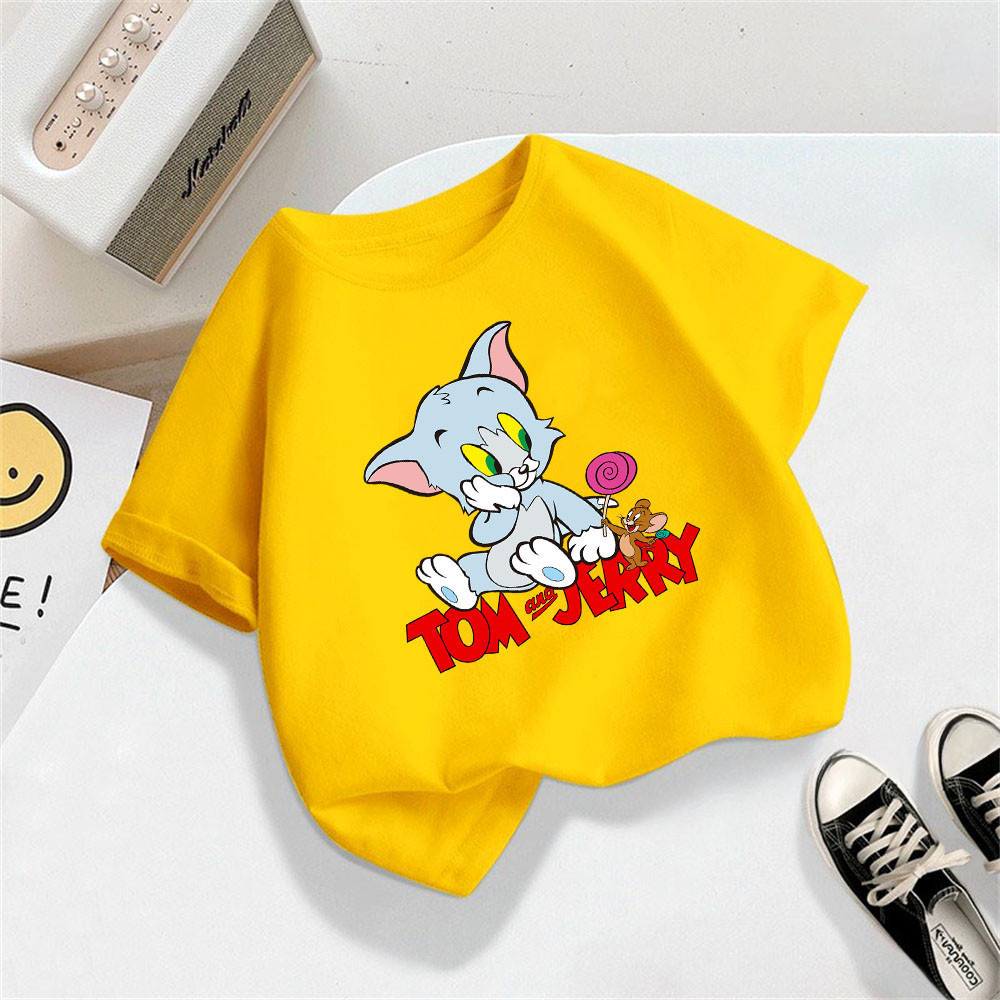 2024 Ngắn Tay Trắng T-Shirt Với Tom Và Jerry In Vui Vẻ Phim Hoạt Hình Cho Bé Trai Và Bé Gái