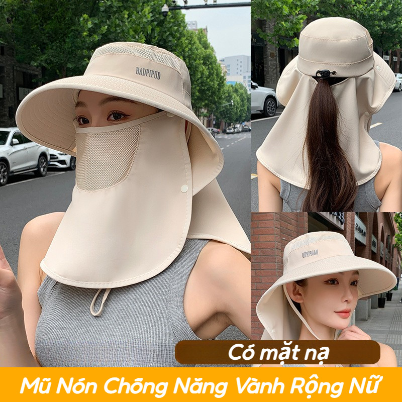 Mũ chống nắng,Mũ Nón Chống Nắng Vành Rộng Nữ,Mũ Bucket vành rộng tích hợp khẩu trang chống tia UV