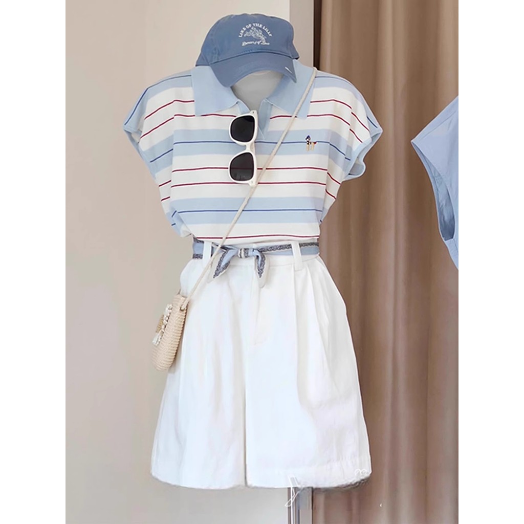 Áo Polo Nữ Sọc Thời Trang, Tay Ngắn, Phù Hợp Mùa Hè