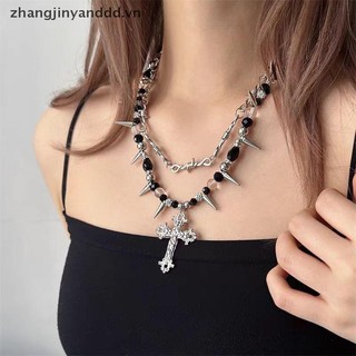 Vòng cổ chữ thậppunk vintage hai lớp với hạt đính đá, phụ kiện thời trang gothic