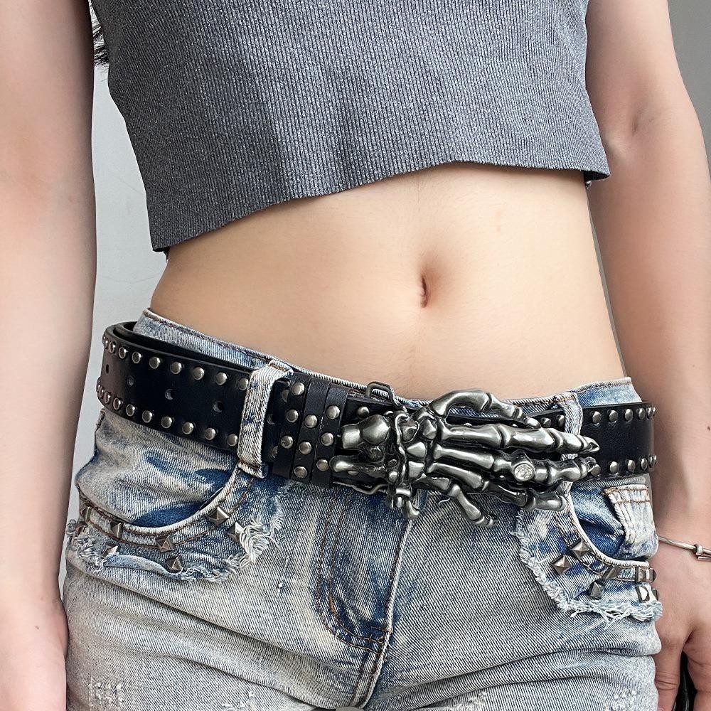 Thắt lưng punk skull đinh tán da gothic, điều chỉnh được, phù hợp unisex
