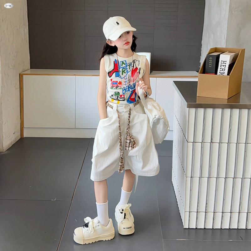 Bộ đồ thời trang bé gái 2025 Phong cách mới Phiên bản Hàn Quốc Áo Vest in hình trẻ em + Quần rộng giữa Bộ đồ hai mảnh