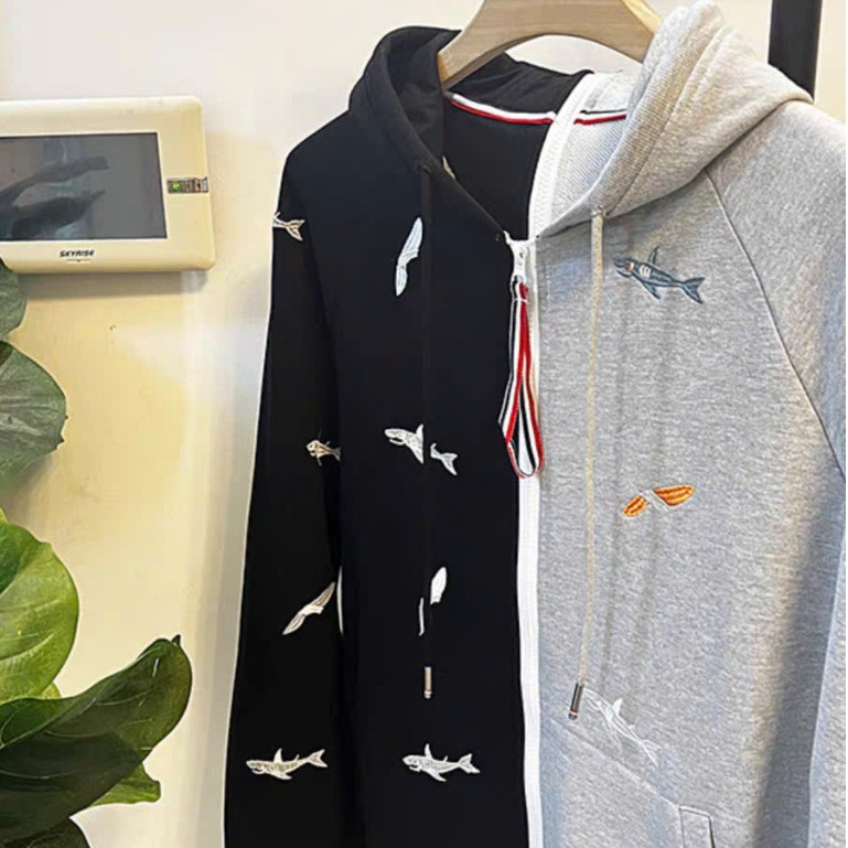 Áo Khoác Thom Thêu Cá 2 Mảnh Đen Xám KCloset Áo Nỉ, Áo Hoodie Dày Dặn Dáng Rộng Nam Nữ NA961