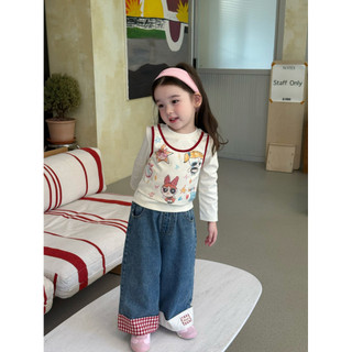 Bé Gái Mùa Thu 2025 Phong Cách Mới Powerpuff Bé Gái Giả Hai Mảnh Áo Thun Dài Tay + Denim Quần Ống Rộng Phù Hợp Với