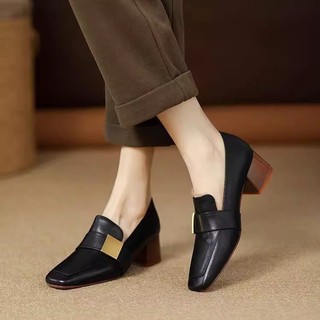 Loafers Size Lớn Nữ Mũi Vuông 2025 Loafer Nữ Retro Sang Trọng Da Mềm Thoải Mái Dày Gót Phong Cách Anh Quốc Giày Da Nhỏ
