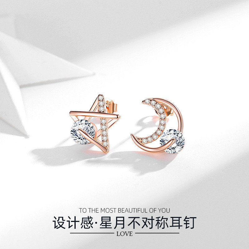 Bông tai bạc S925 ngôi sao mặt trăng nhỏ tinh tế không đối xứng