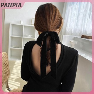 PANPIA-Thời Trang Vintage Đen Nhung Nơ Tóc Ruy Băng Scrunchie Cho Nữ Bé Gái Dài Co Giãn Buộc Tóc Mũ Nữ Phụ Kiện Tóc