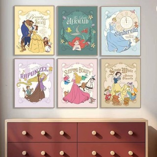 Các bản in nghệ thuật cổ điển của Lọ Lem, Bạch Tuyết, Belle, Ariel, Aurora, Rapunzel. Tranh vải trang trí phòng bé gái