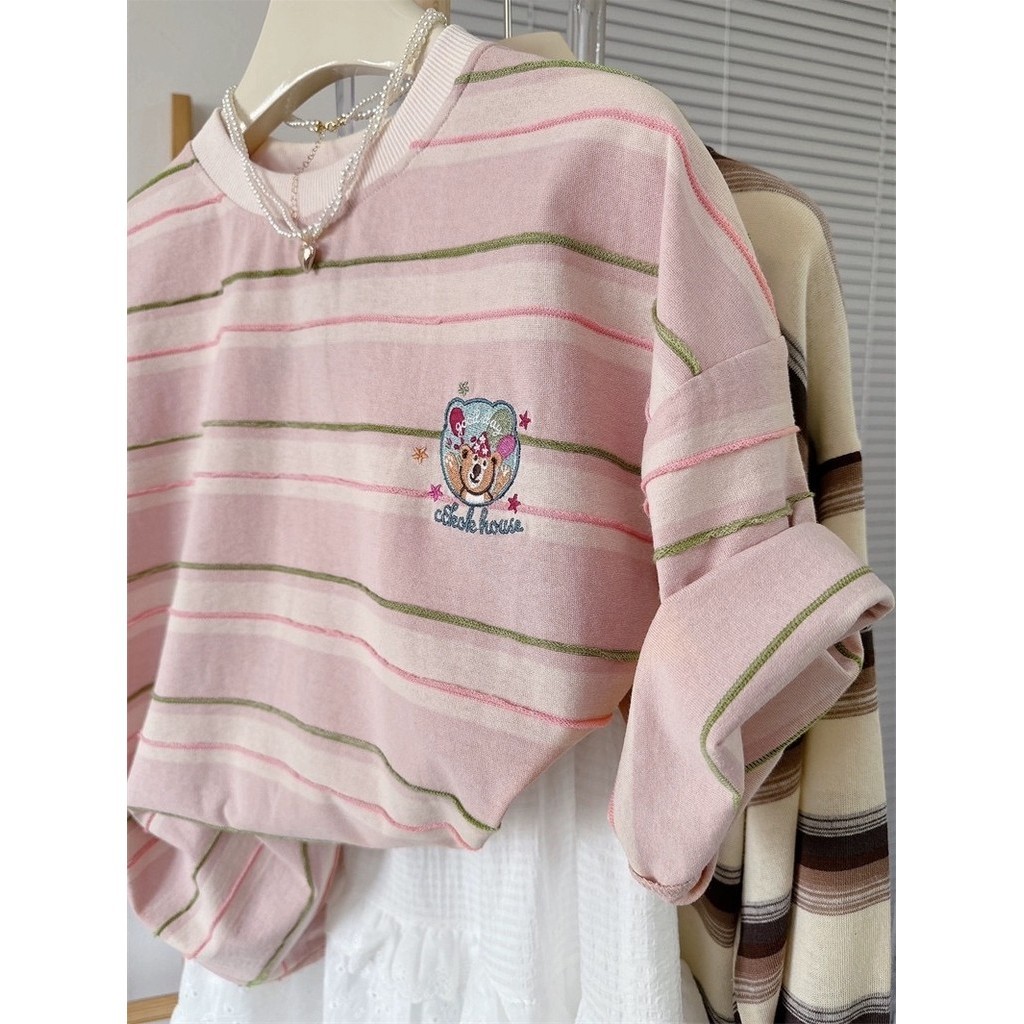 SUXI Áo thun Cotton sọc màu hồng Áo thun nữ tay ngắn thêu