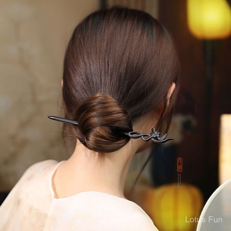 Cổ Gỗ Mun Tay Khắc Xoắn Kẹp Tóc Phong Cách Trung Hoa Mới Hàng Ngày Đơn Giản Sườn Xám Hanfu Kẹp Tóc Mũ Đội Đầu