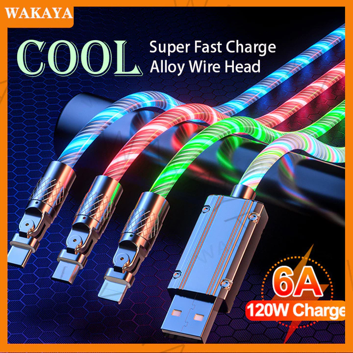 Dây sạc nhanh USB phát trực tuyến hộp đêm 120W 180°Xoay Khuỷu Tay Phát Sáng Cáp Sạc Nhanh Dây Sạc Truyền Dữ Liệu 6A