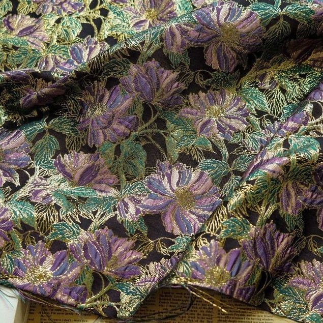 Vàng Tím Cổ Điển Lụa Vàng Hoa jacquard Đầm Vải 1 Mét Họa Tiết Thời Trang Sợi Nhuộm Tranh Vải Trang Trí TJ22092