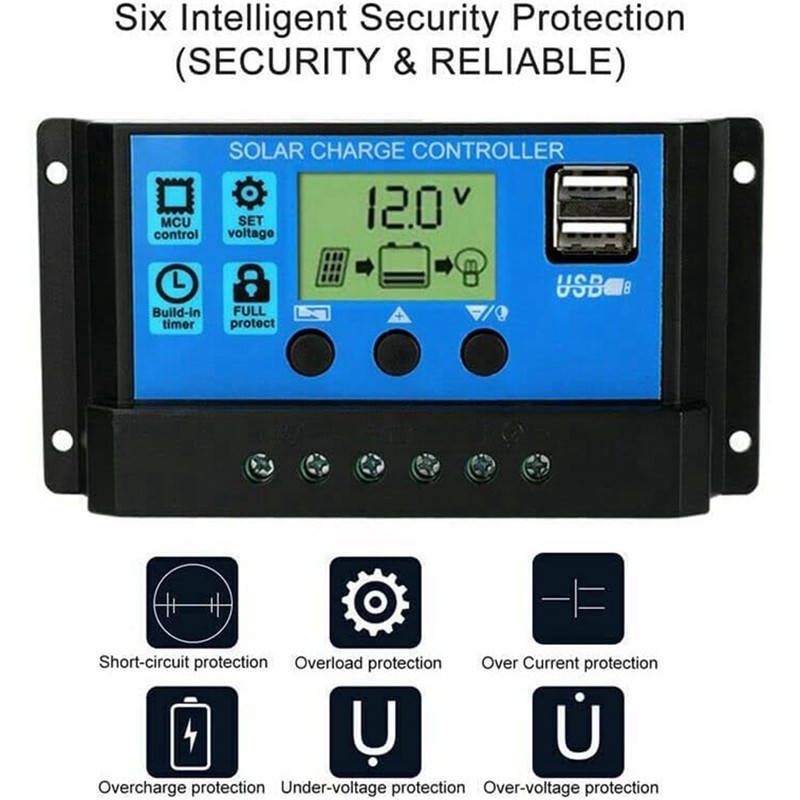 Bộ điều khiển sạc năng lượng mặt trời 100A Pin năng lượng mặt trời Bộ điều chỉnh thông minh Bộ điều khiển đa chức năng năng năng lượng mặt trời với cổng USB kép, Bộ điều khiển LCD