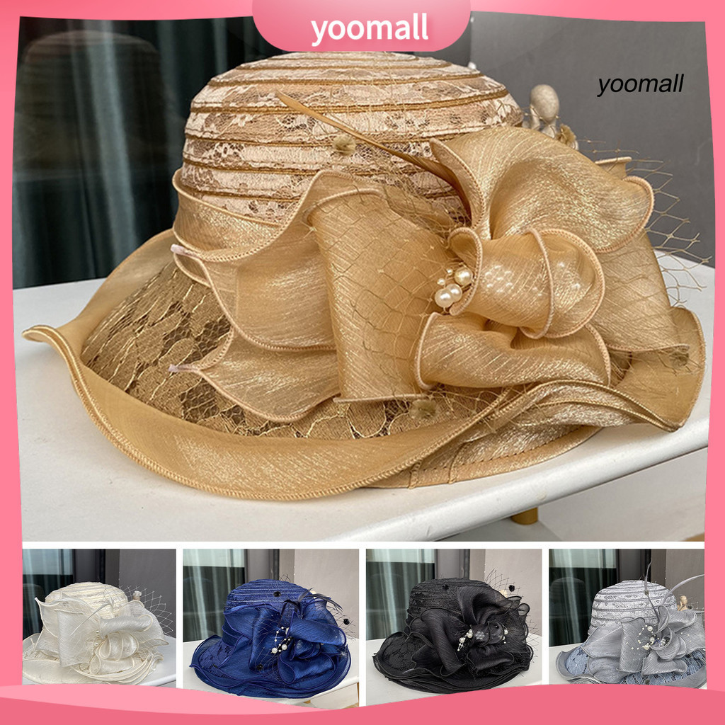 [Yo] Nữ Mũ Ngư Dân Organza Ren Nơ Ngọc Trai Giả Lông Vũ Trang Trí Vintage Phong Cách Hoàng Gia Phẳng Top Chống Tia UV Chống Nắng Dự Tiệc Trang Trọng Dịp Mũ