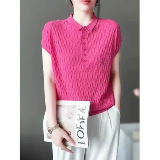 Áo len chui đầu kim cương có ve áo cao cấp 2024 Mùa hè Phong cách mới Slimer Look Loose Top