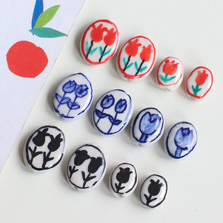 Gốm Sứ Vẽ Tay Phong Cách Hoa Tulip Hình Bầu Dục Retro Rời Hạt Tự Làm Handmade Trang Sức Bông Tai Vòng Cổ Vòng Tay Phụ Kiện