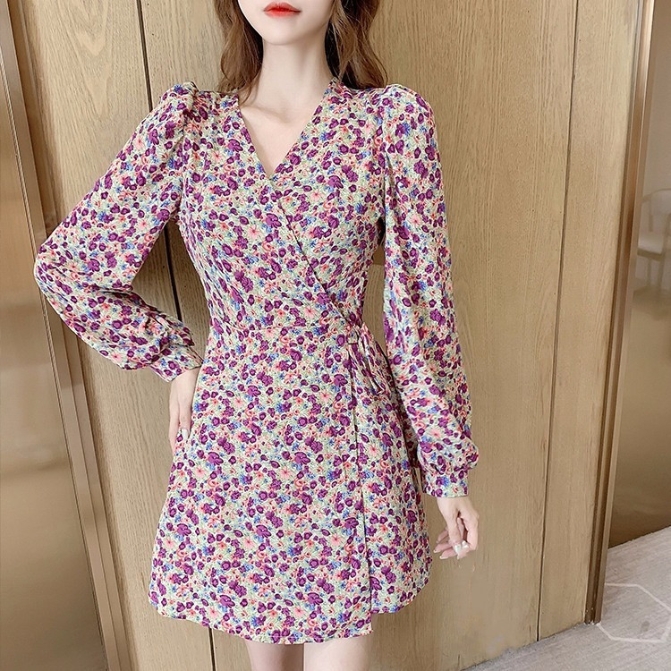 Váy liền dài tay hoa nhí váy liền phong cách biển mẫu mới mùa hè cho nữ