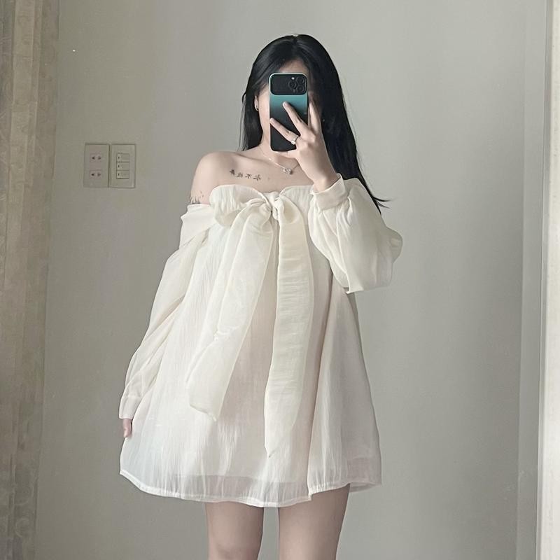 Đầm ngắn nữ kiểu babydoll trễ vai tay bồng xòe thắt nơ 2 lớp cao cấp chất voan tơ- D03 Voi Women Dress Kem