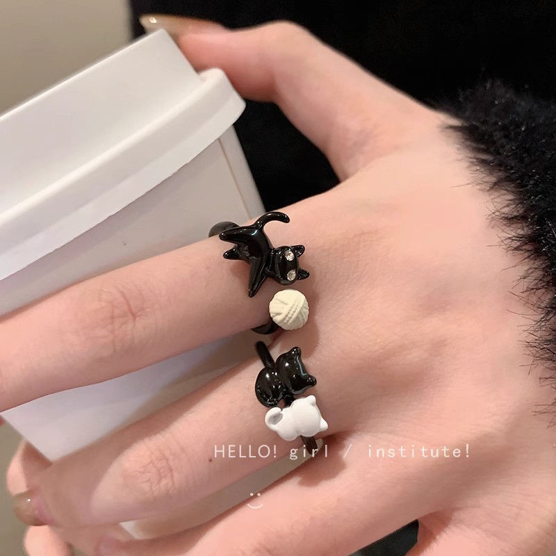 Hoạt Hình Vui Nhộn Mèo Đen Nhẫn Nữ Mở Đầu Có Thể Điều Chỉnh Dễ Thương Đơn Giản Phù Hợp Với Nhẫn