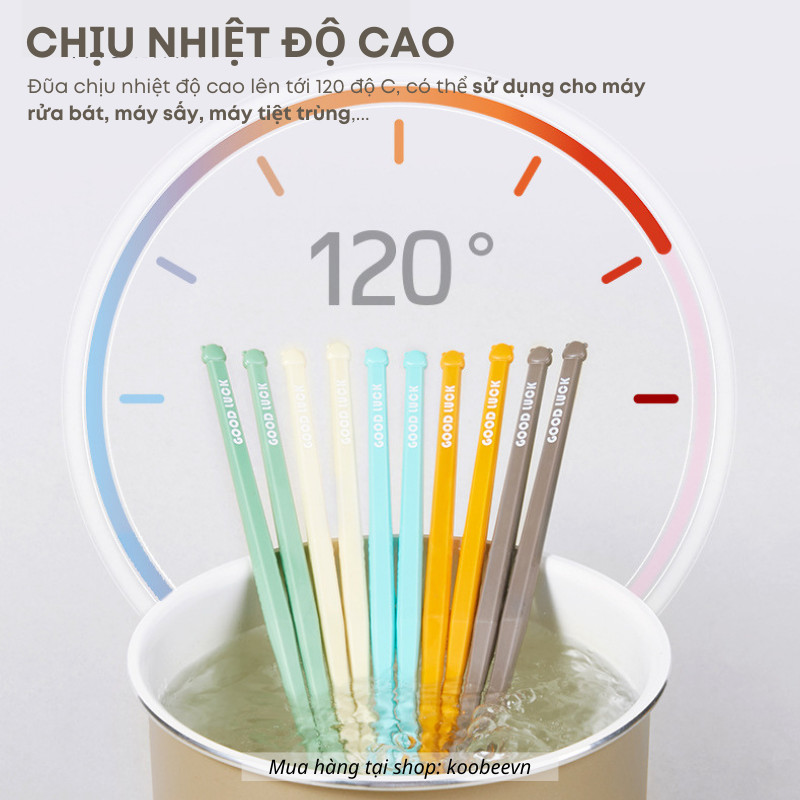Bộ Đũa Sợi Thuỷ Tinh Đầu Nghiêng Hình Gấu 5 Màu Kháng Khuẩn Không Mốc Chống Trơn Chịu Nhiệt Cao Cấp | 142